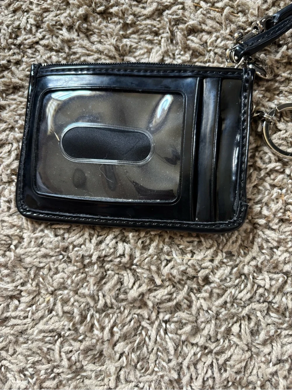 Coach Black Patent Logo Wristlet Card Case with Key Ring
